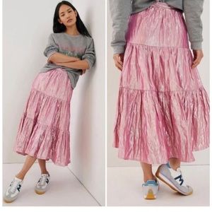 Maeve Alicia Crinkled Pink Metallic Maxi Skirt Anthropologie